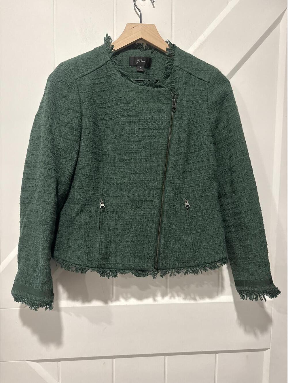 J.Crew Green Tweed Motorcycle Jacket with Fringe Edges, Size 4